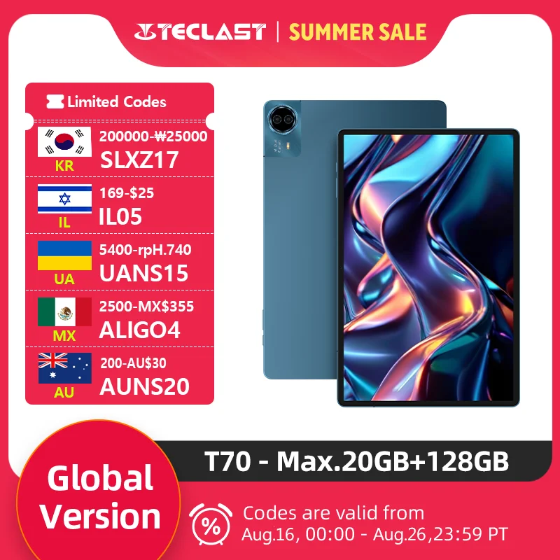 Teclast T70 Tablets 14" 2K Display Max.20GB 128GB MTK Helio G100 10000mAh Battery LTE Dual SIM Android 15 Tablet Global Version
