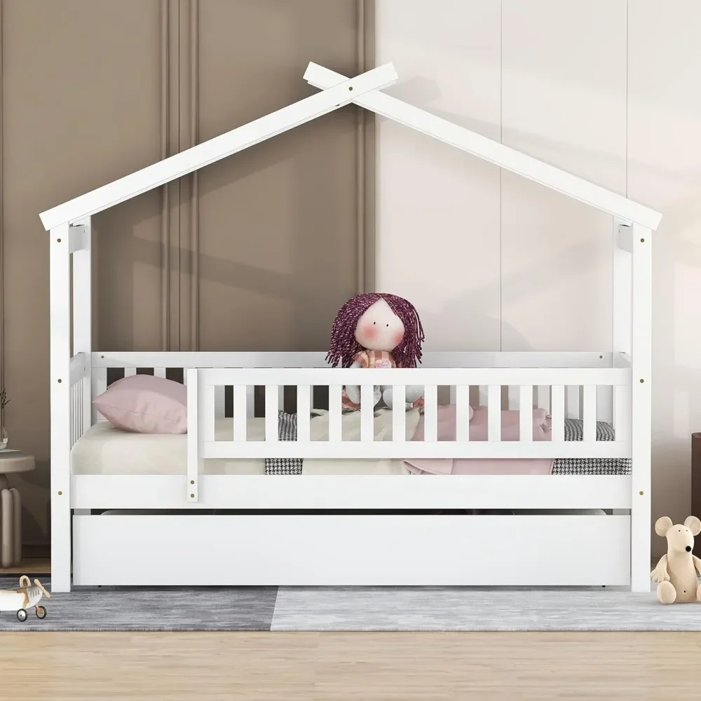 Twin Size Wooden House Bed with Twin Size Trundle for Kids, Wood Platform Bed Frame with Fence, Roof, and Safety Guardrail