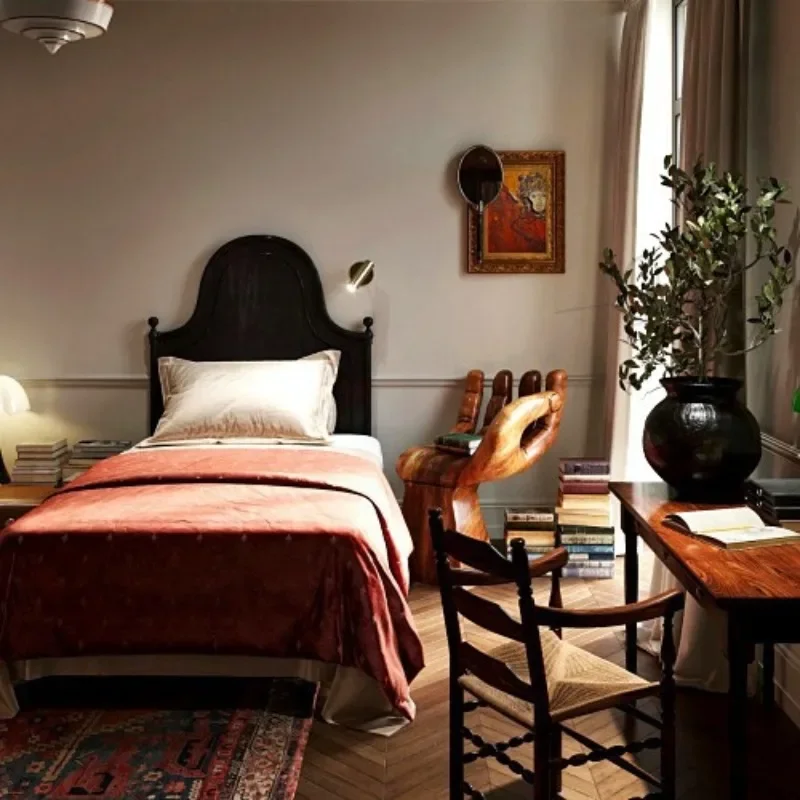 سرير فردي من الخشب الصلب الفرنسي القديم مزدوج بسيط لغرفة النوم الأوروبية سرير كلاسيكي عالي الظهر من خشب البلوط الأسود #4