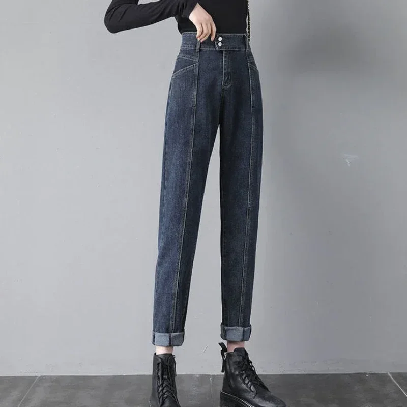 Women's Jeans Winter Thermal Trousers with Pockets Female Denim Pants Straight Leg Fleece-lined Warm Thick Pant Vintage Z Wide R