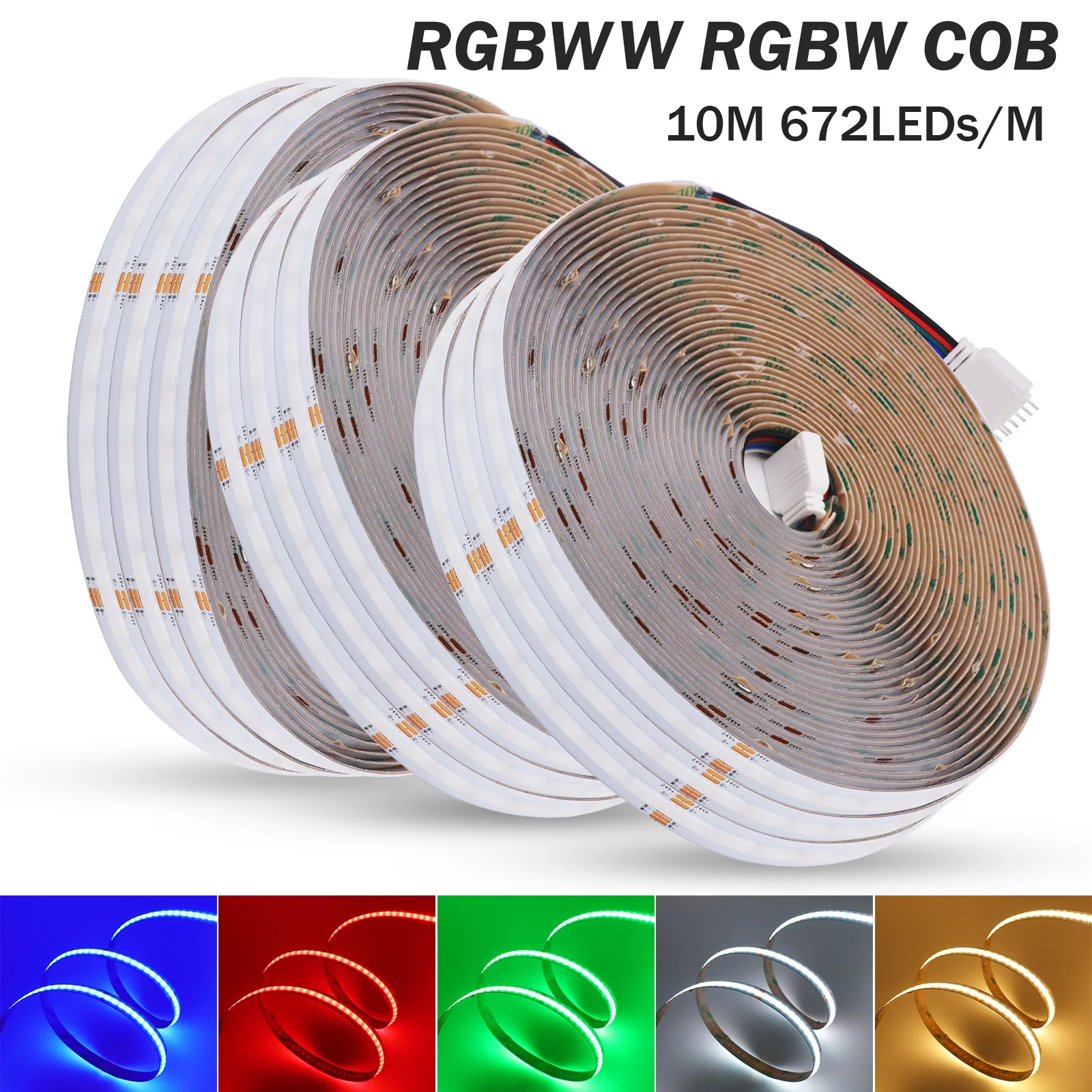 

10M RGBW RGBWW COB LED Strip 24V 672LEDs/M Flexible LED Ribbon Tape with Self Adhesive Tape High Brightness COB Lights