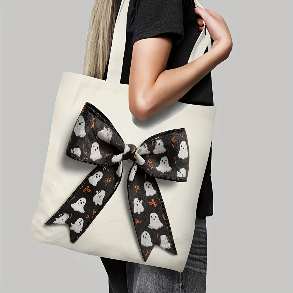 Double-Sided Print Ghost Print Black Ribbon Bow Decor Shoulder Bag, Mini Cute Spirit And Orange Swirl Pattern Bow Accessory, Whi