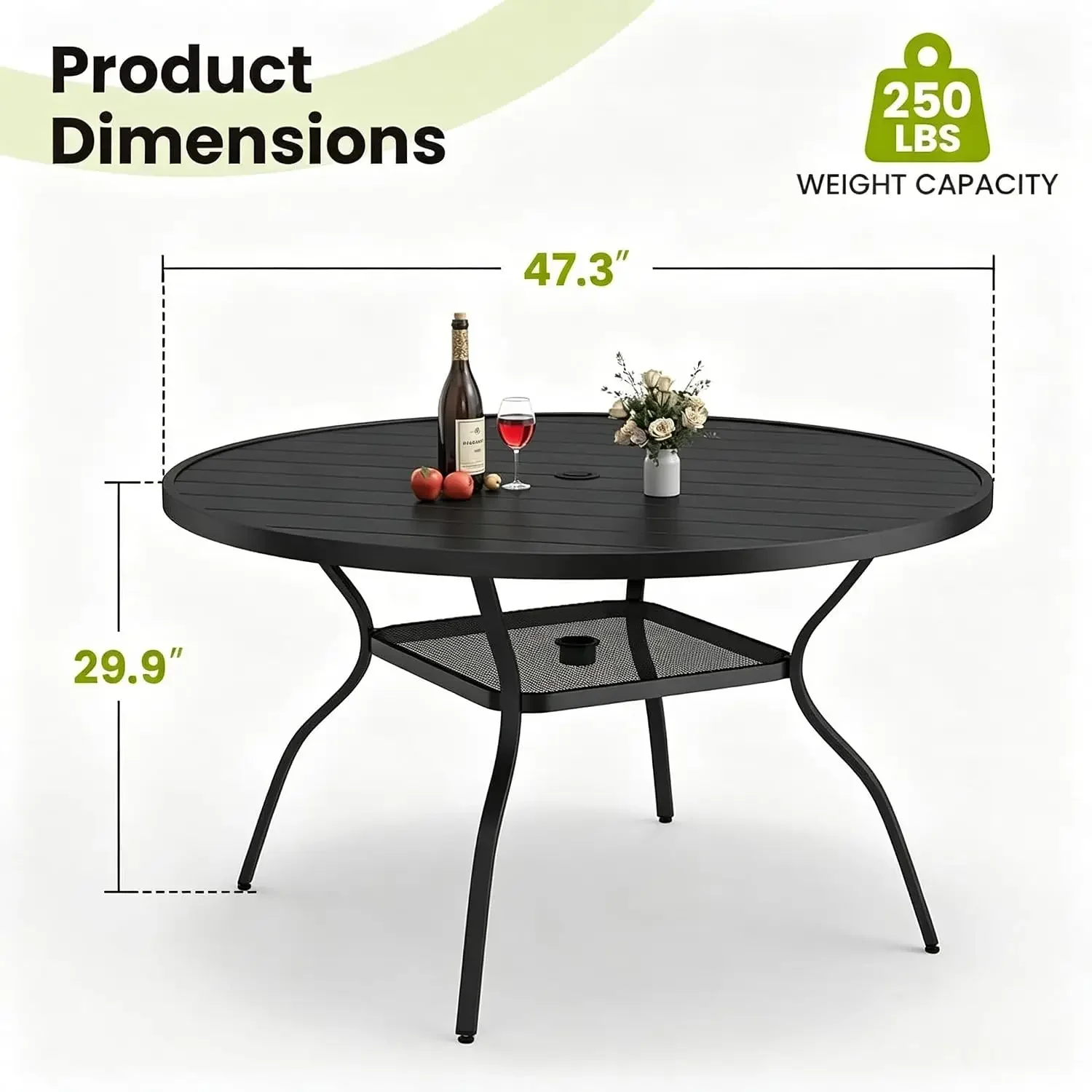 47.3 Inch Outdoor Dining Table for 6 – E-Coating Metal Round Patio Table with Adjustable 1.57