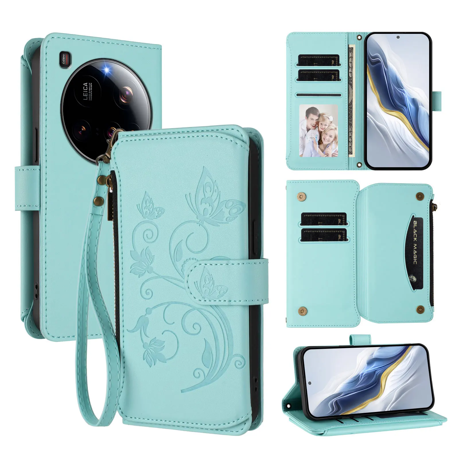 Casing Kulit Xiaomi 15 Ultra Motif Kupu-kupu Floral dengan Ritsleting, Penyangga, dan Tali Pergelangan Tangan - Hijau Mint