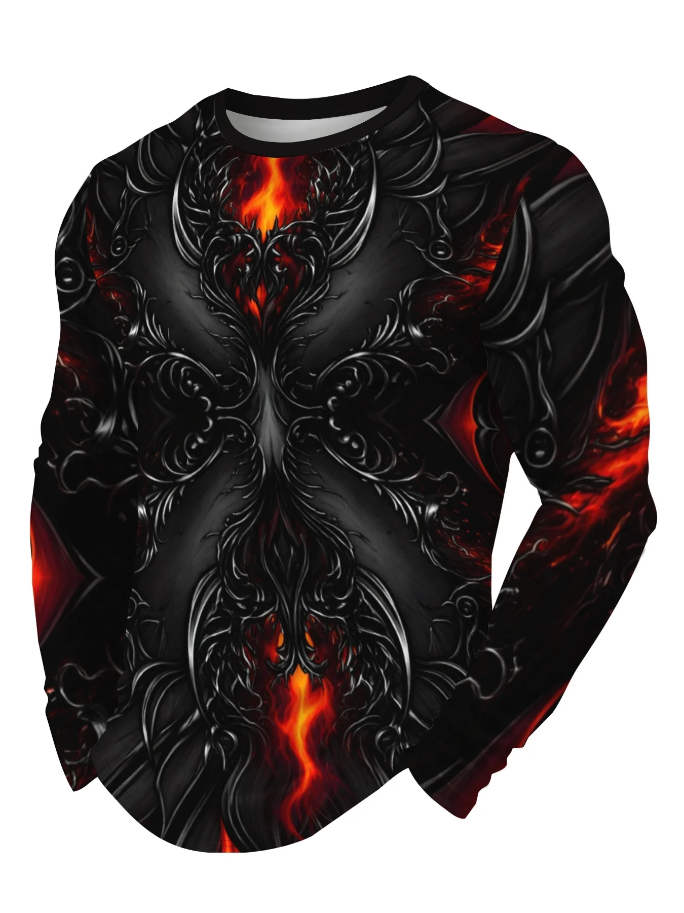 2026 new hot selling men's 3D flame skull long sleeved shirt with round neck pattern casual streetwear autumn and winter top