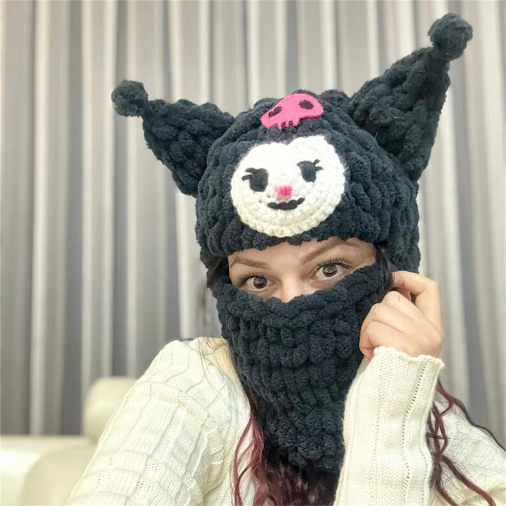 Halloween Devil Sanrio Kuromi Creative Knitted Hat Beanies Warm Full Face Cover Ski Mask Windproof Balaclava Hat Outdoor Sport