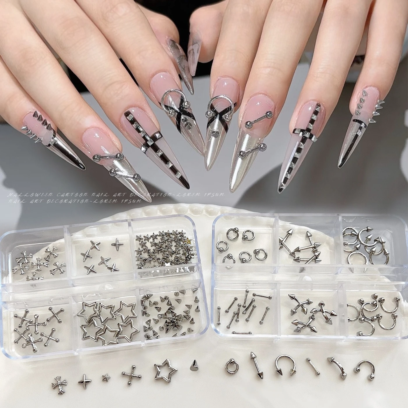 1 Set Mini Punk Metal Nail Studs, Mixed Cone Rivets Rings Star Ornaments Cross-border DIY Manicure Accessories