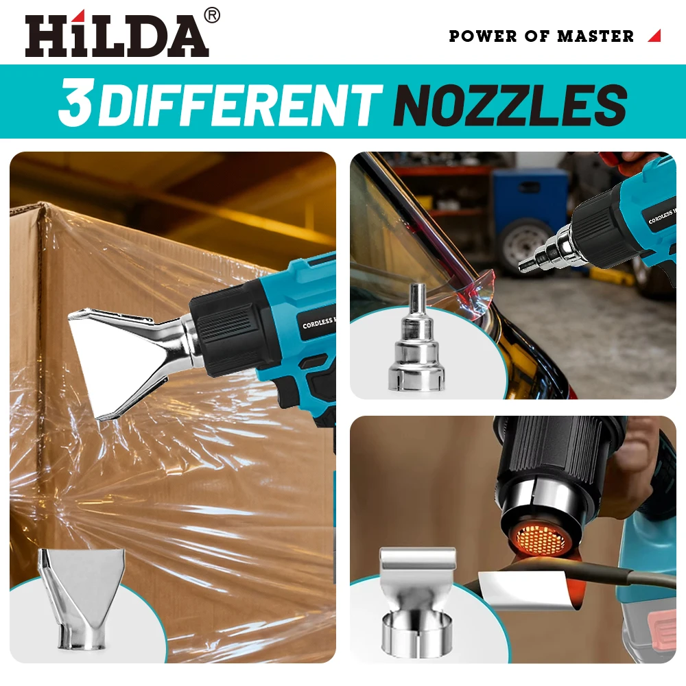 HILDA 21 فولت يده مسدس هواء ساخن درجة الحرارة قابلة للشحن اللاسلكي لبطارية ماكيتا مسدس الحرارة الكهربائية مع فوهات