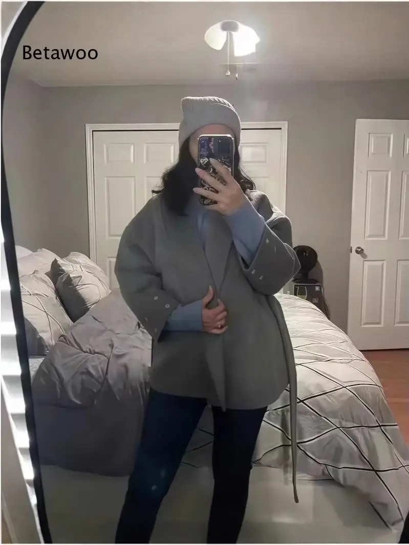 Women's Winter Faux Fur Trim Belted Wrap Coat, Long Sleeve Solid Color Warm Outerwear Jacket with Cuff Details for Cold Weather