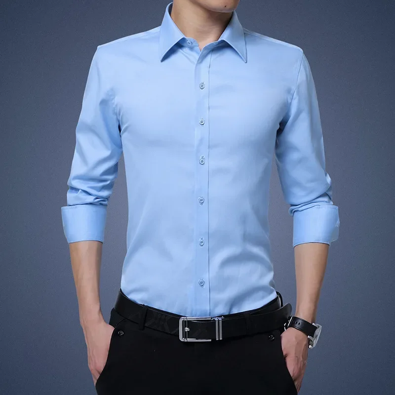 Mens Shirts Summer New Long Sleeve Male Dress Shirt Casual Slim Fit  Men Clothing Wrinkle Resistant and Iron Free Youth Stretch