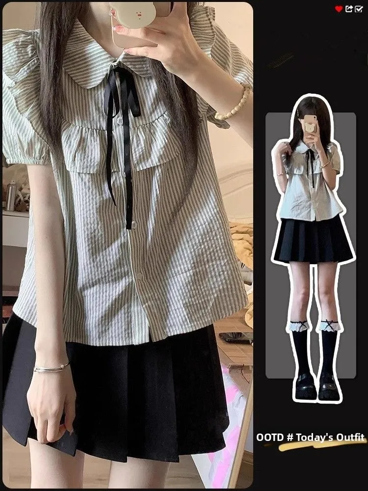 

Korean Style College Girl's Sweet Style Two-Piece Set Summer Doll Collar Top Pleated Skirt Fashionable Casual Outfit