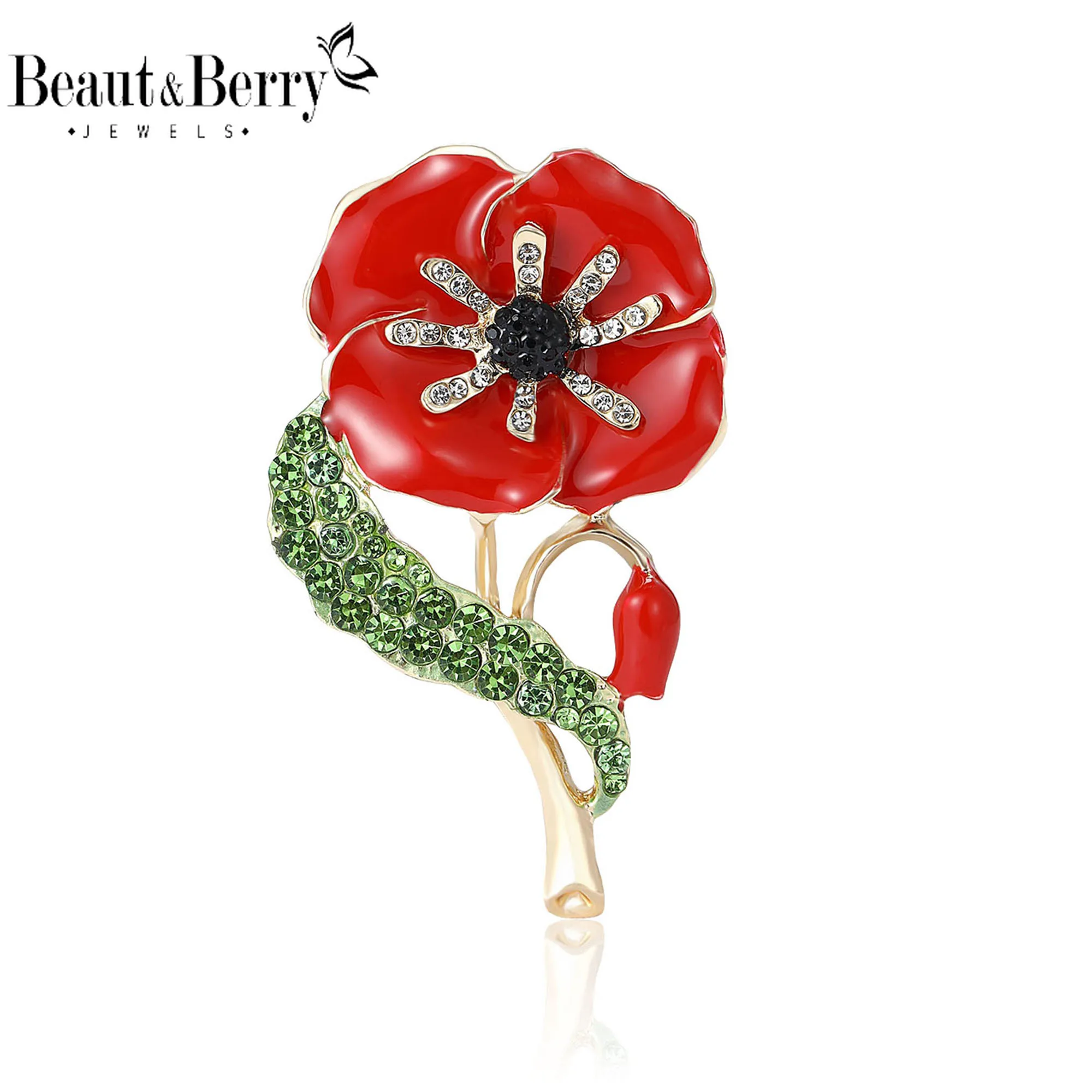 Beaut&Berry Luxury Rhinestone Poppy Brooches for Women Plant Pins Friends Party Gift Banquet Jewellery Accessories