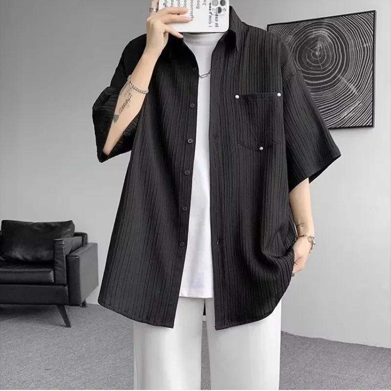 Ice Silk Short-sleeved Shirt Men's Summer Thin Loose Casual Five-sleeve Shirt Design Sense of High Street Fashion Brand Coat