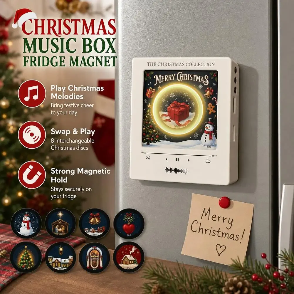 XMAS Refrigerator Magnetic Rotary Disc Machine Christmas NFC Sensing Song Player with 8 Empty Discs Night Automatic Singing