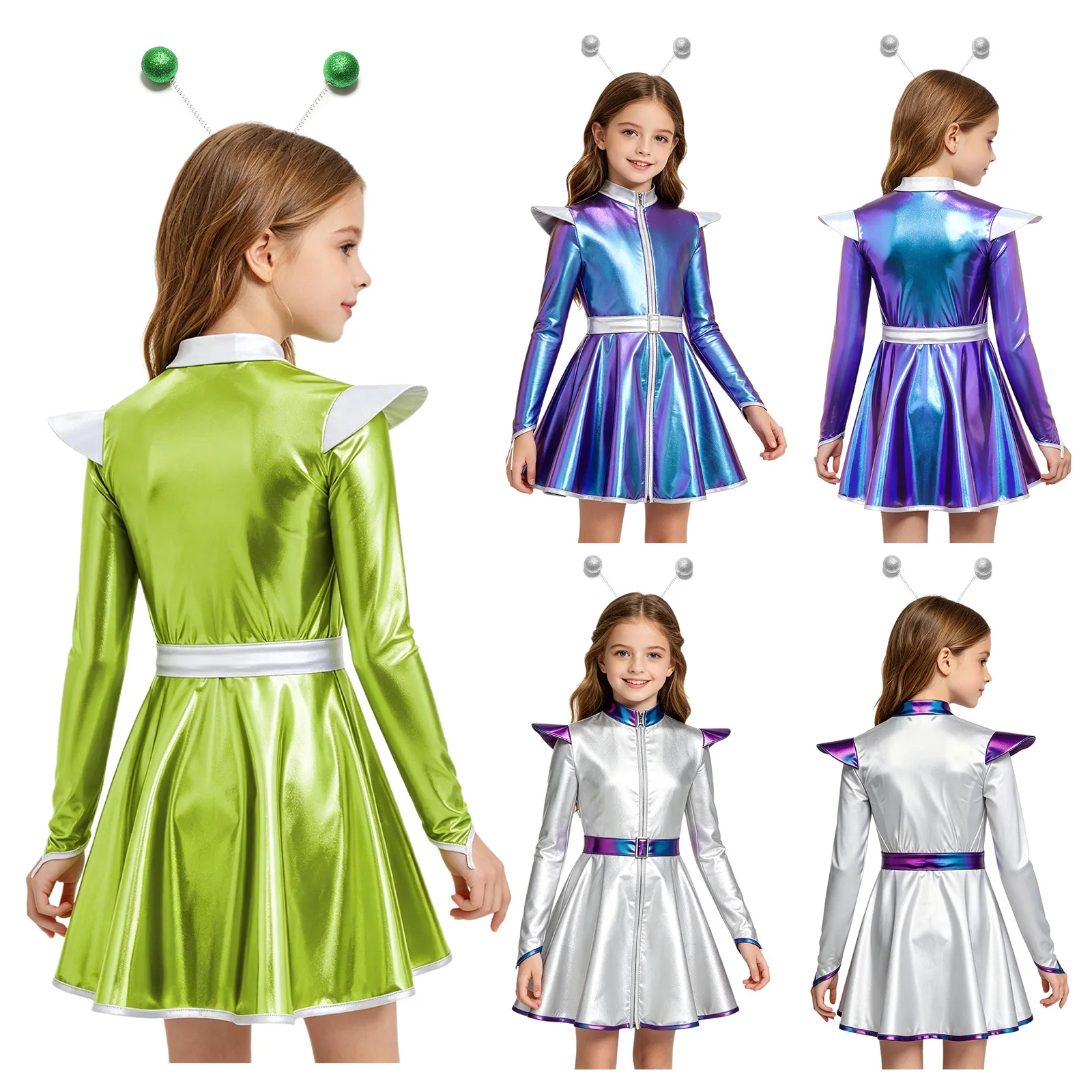 Kids Girls Alien Robot Cosplay Costume Metallic Long Sleeves Zipper A Line Dress with Hair Hoop for Halloween Outer Space Party - view 5