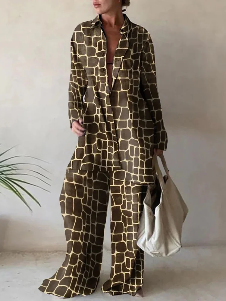 Women Printed Full Sleeve Long Cardigan Top Outfit Spring Autumn Turn-Down Collar Button Ladies Matching Set Wide Leg Pants Suit