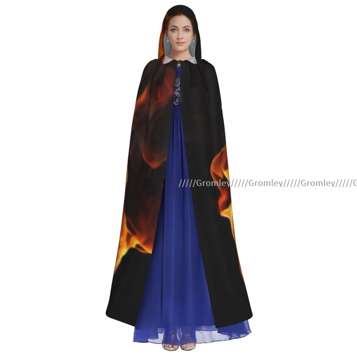 Medieval Halloween Cosplay Cloak Hooded Coat Fire Flame Print Cape Coat Long Trench Costume Wizard Cloak