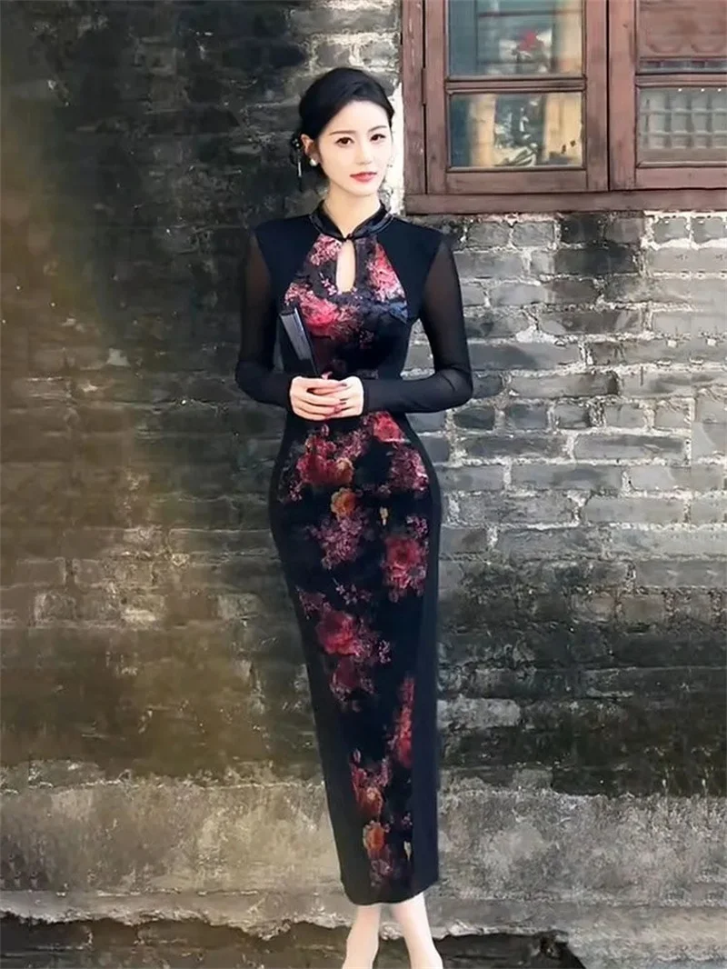 

Elegant Fashionable Qipao New Style Republic of China Style Beautiful Splicing High-end Design Western-style Hip Hugging Dress
