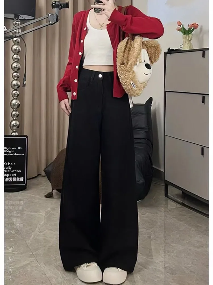 

plus Size Women's Black Commuter Wide Leg Straight Cut Jeans Summer New Style Loose Fit Slimming Trousers High Waist Button D...