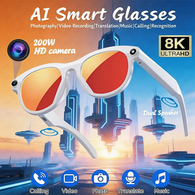 

Умные очки 2026 HD AI с камерой 200 МП, функцией перевода, многофункциональные, с Bluetooth-звонками, двойными динамиками, голосовым помощником и музыкальным плеером