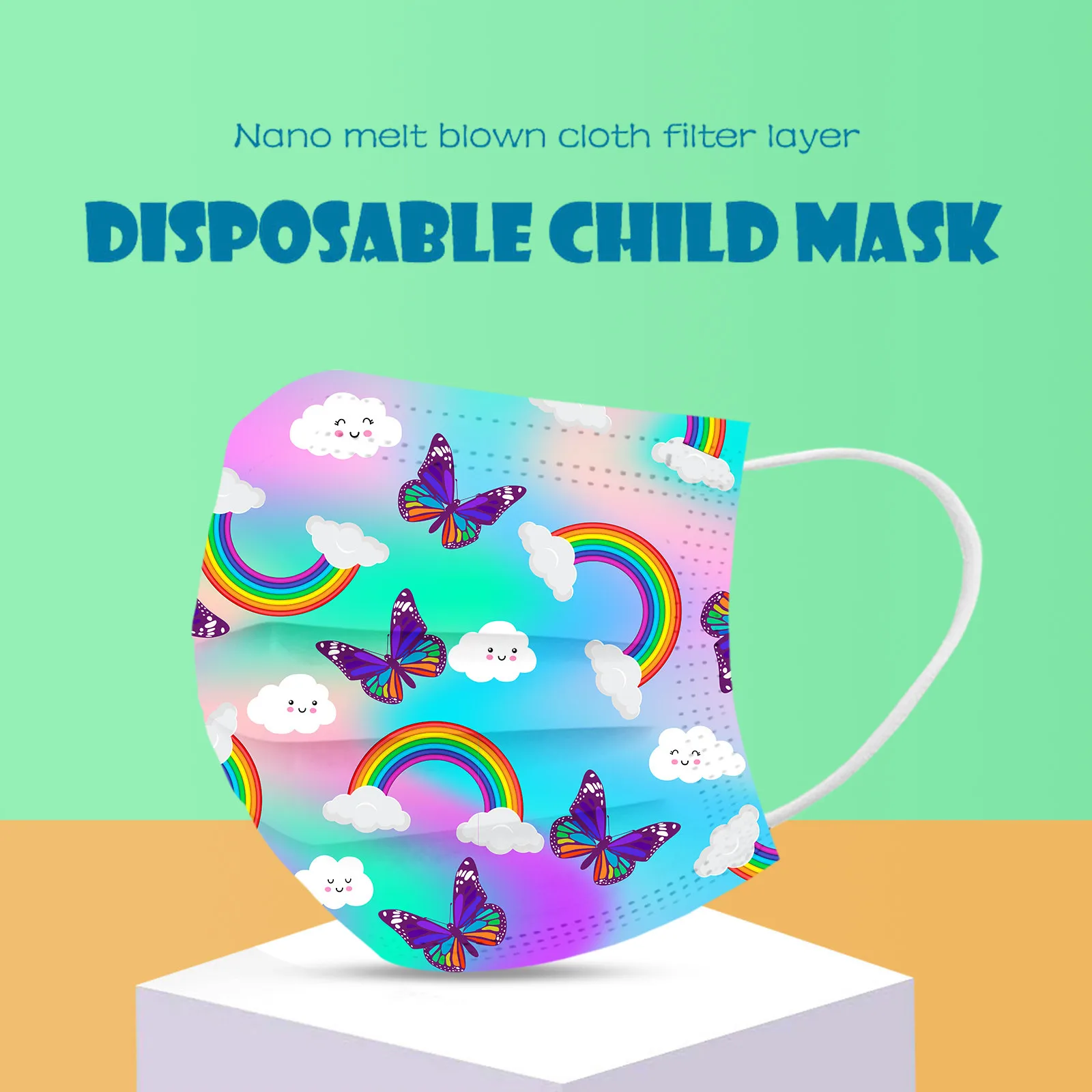 Masque jetable mixte pour enfants, 50 pièces, motif mignon imprimé, masque quotidien extérieur anti-poussière à 3 plis avec boucles auriculaires, impression Non positionnée