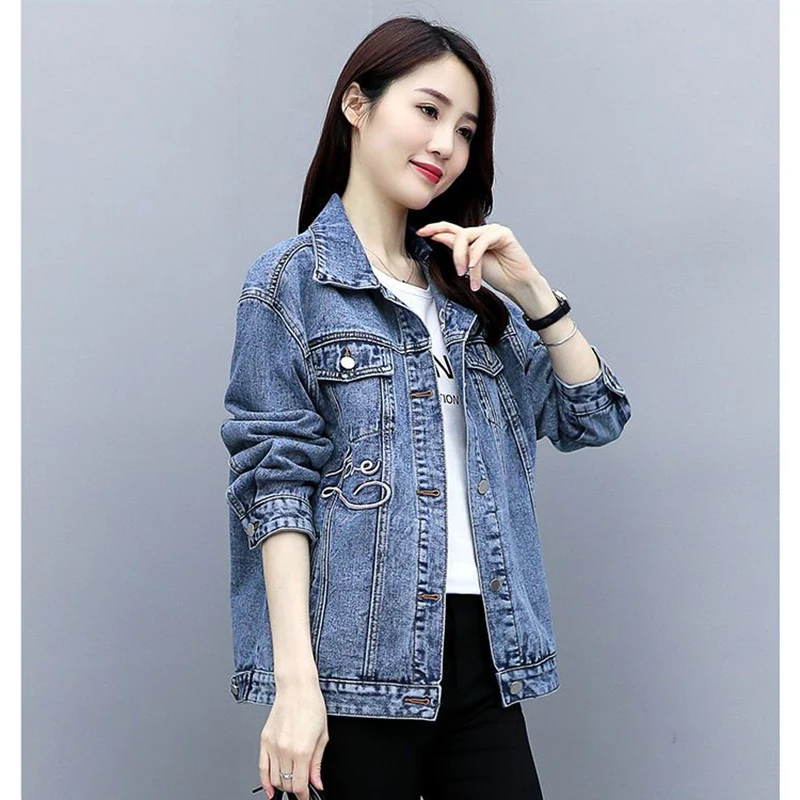 Jaket Jeans biru Korea wanita, atasan kasual Bomber dada tunggal, mantel Denim longgar huruf bordir musim gugur