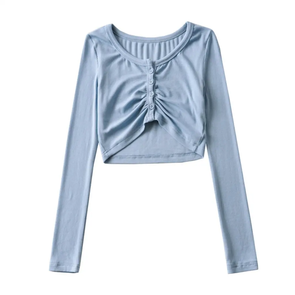 

YPFF Women's Pleated Slim Cardigan Single-Breasted Short Long Sleeve Navel Bottoming Shirt Spring New Hot Girl Top