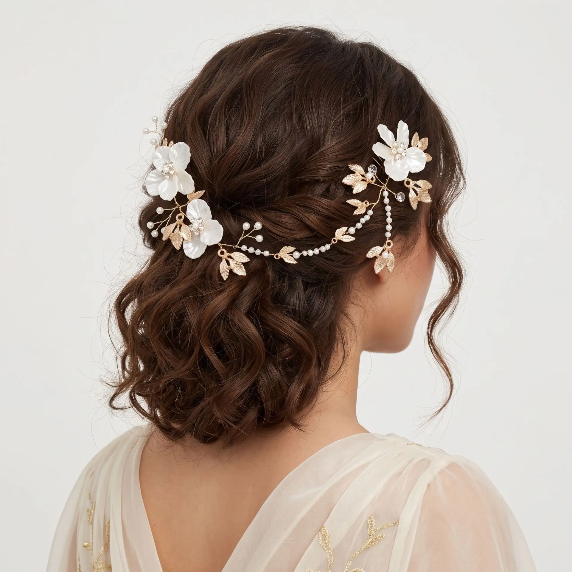 Faux-pearl Floral Hair Comb Golden Leaf Bridal Hairband Elegant Ceremony Party Hairpin Handmade Retro Wedding Hair Accessories