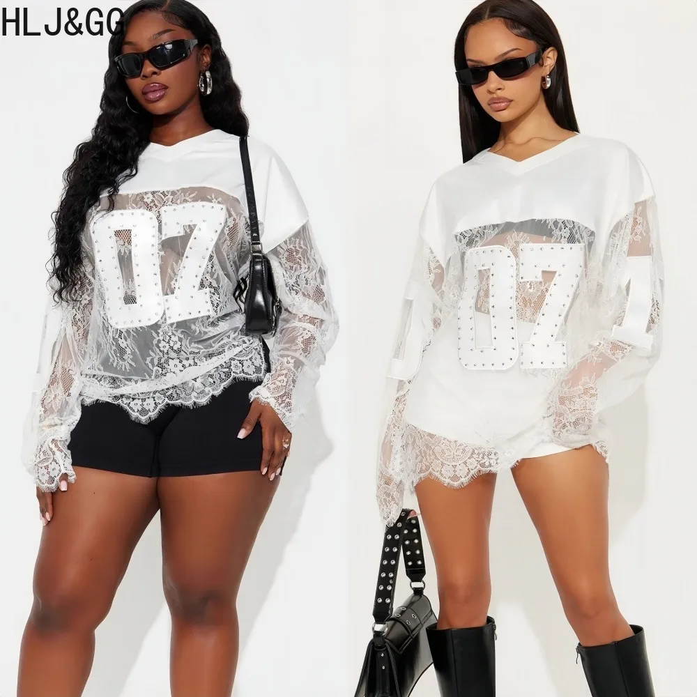 

HLJ&GG Sexy Lace Rhinestone Patchwork T-shirt for Women Solid Color Letter Embroidery Loose Tshirt Female Streetwear Clothing