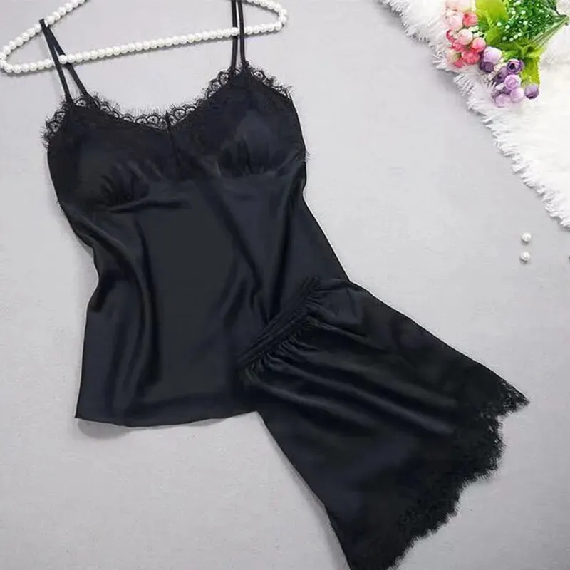 Women\'s Halter Pajamas 2 PCS Camisole And Shorts Home Wear Red Black Sexy Lace S M Ventilate Comfort