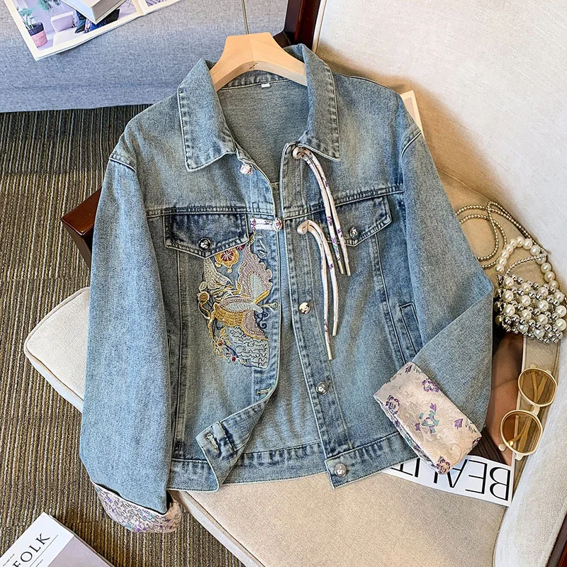 

Women's Spring Short Jeans Jacket New Chinese Style Embroidered Buckle Denim Coat Female Autumn Loose Long-sleeved Outwear Top