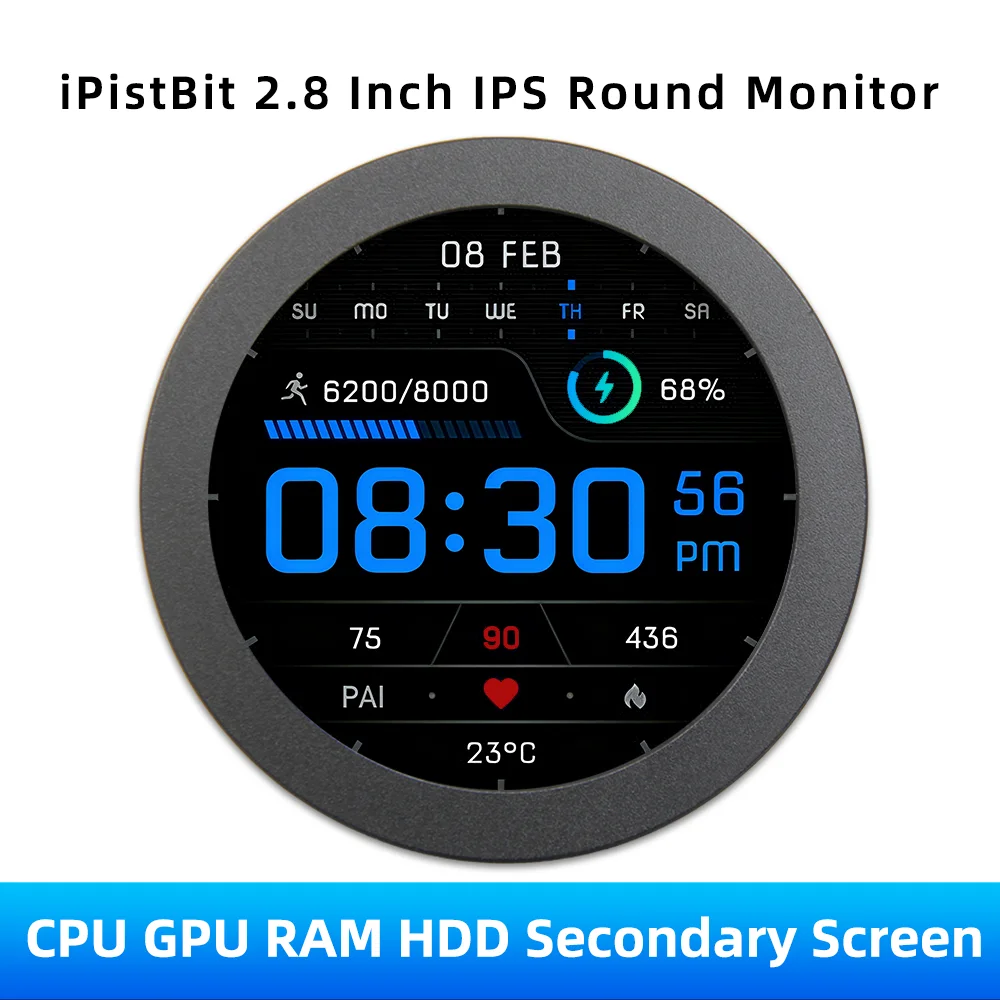 2.8 Inch HDMI Water Cooler Screen 480x480 Secondary Screen with Music Spectrum Analysis Function CPU RAM GPU Monitoring
