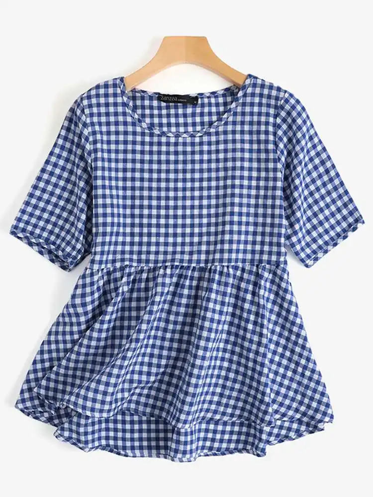 ZANZEA Women Plaid Blouse Summer 2024 Tops Oversized Pleated Shirts Vintage Patchwork A-line Tunics Casual Loose O-neck Blusa