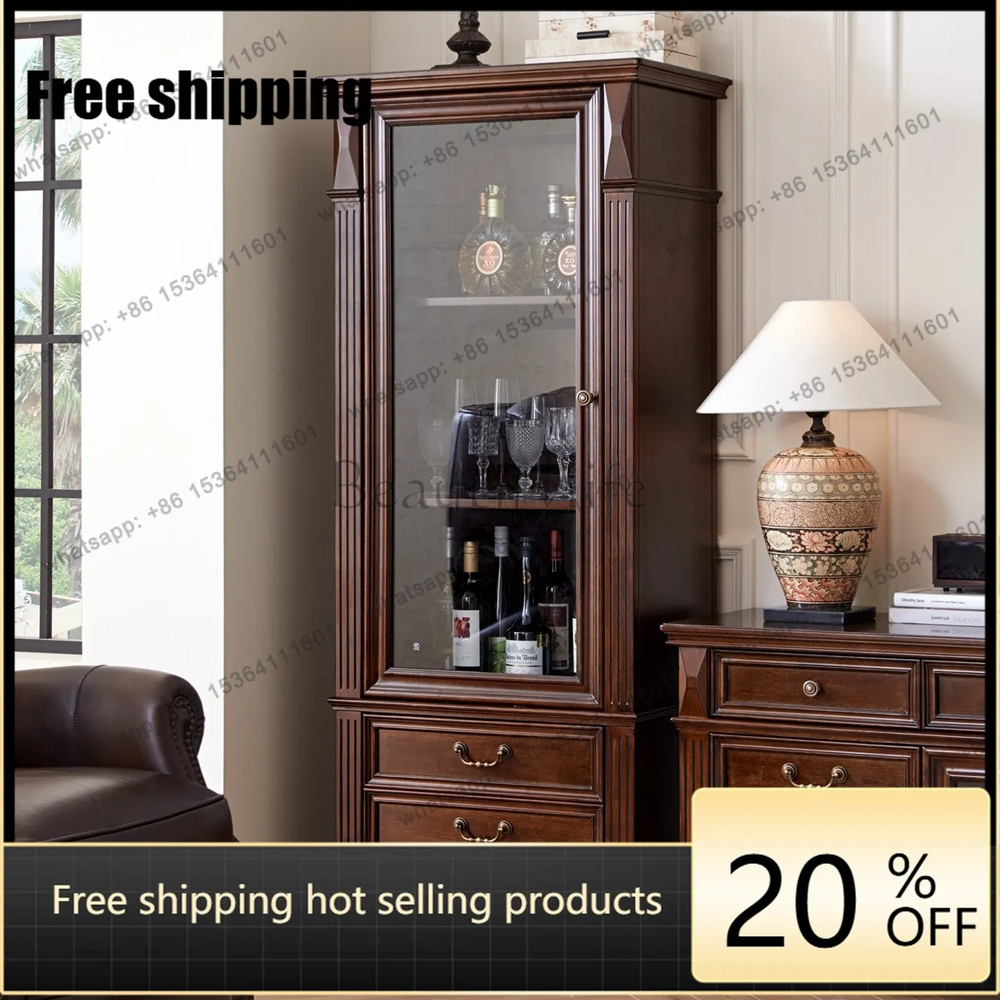 

XX American all solid wood living room decorative cabinet all solid wood European retro vertical cabinet