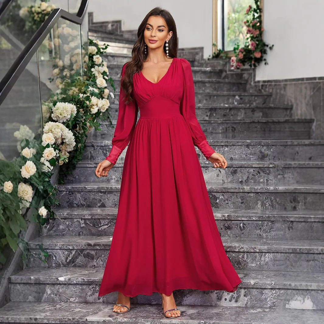 

Qqh Fashion 2025 French Luxury Style Chiffon Dress with Ruffle Edge Splicing and Waist Cinching Long Skirt Vestido Women Party