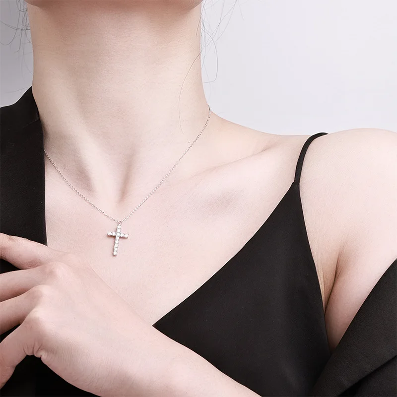 

S925 Sterling Silver Crucifix Pendant Necklace For Women Adjustable Moissanite Diamond Collarbone Chain Party Fine Jewelry Gift