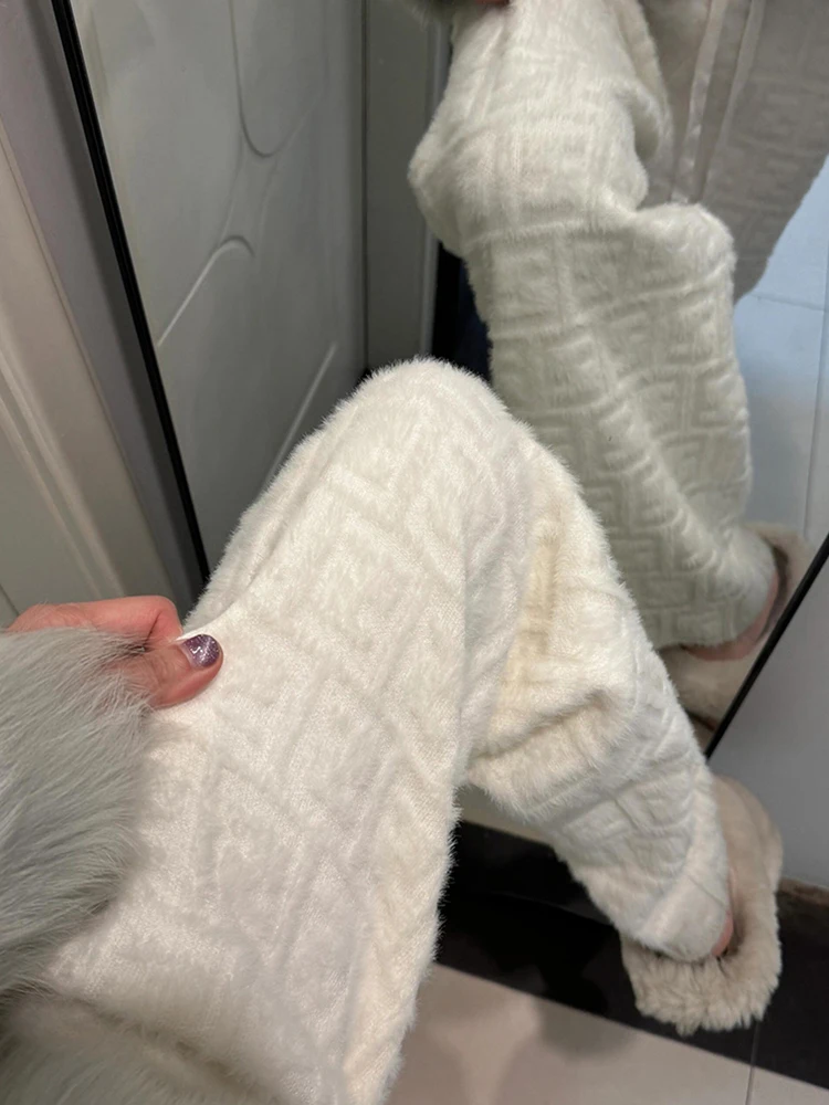 White Knitted Wide Leg Casual Pants Women's High Waist Loose Slimming Drapey Straight Floor-Length Trousers Autumn Winter New...