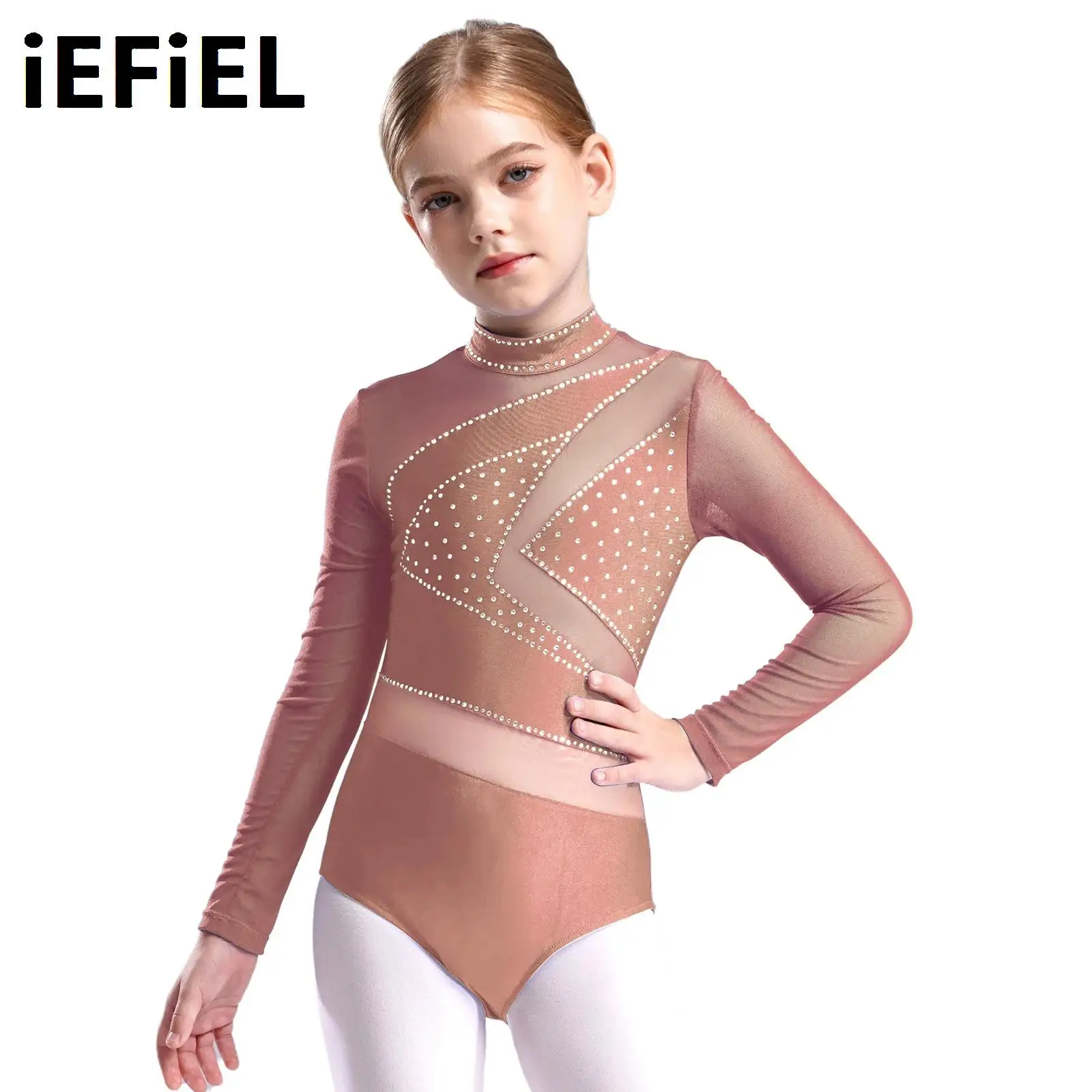 

Kids Girls Figure Skating Leotard Gymnastics Performance Costume Sheer Mesh Long Sleeve Cutout Back Sparkly Rhinestone Leotard