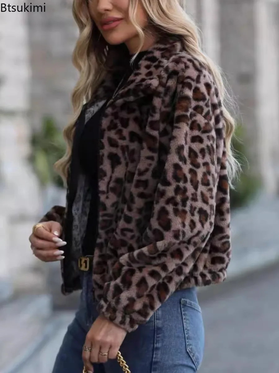 Winter Women Jacket Leopard Print Thick Plush Long Sleeve Coat Zipper Loose Cardigan Outerwear Lady Soft Comfortable Warm Coat