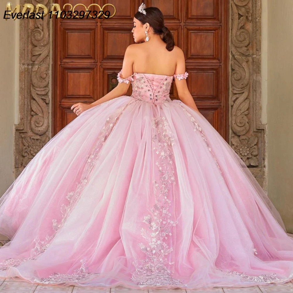 EVLAST Customized Pink Quinceanera Dress Ball Gown Floral Applique Beading With Cape Corset Sweet 16 Vestido De 15 Anos TQD950