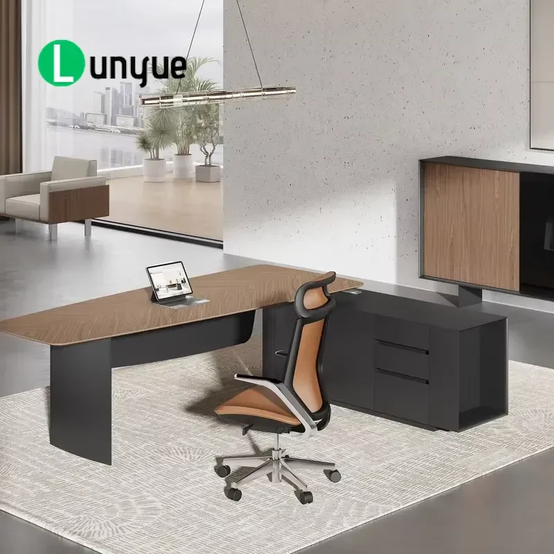 Modern L Shaped Executive Office Desk with Side Cabinets High Quality Wood Grain Surface Heavy Duty Metal Base Waterproof