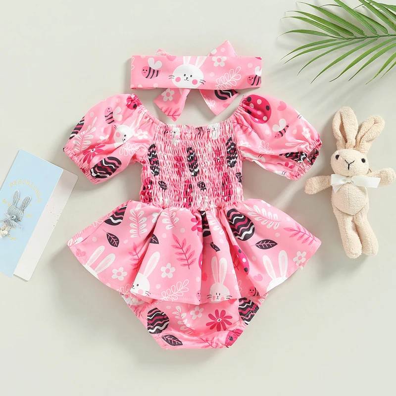 Baby Girls Spring Floral Print Ruffle Sleeve Romper Dress Set with Matching Headband and Bow - Easter Outfit for Toddler Girls