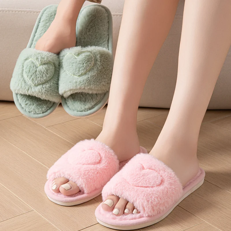 Fluffy Fur Heart Pattern Open Toe Slippers Women Autumn Lightweight Bedroom Plush Slippers for Woman Indoor Home Non Slip Slides