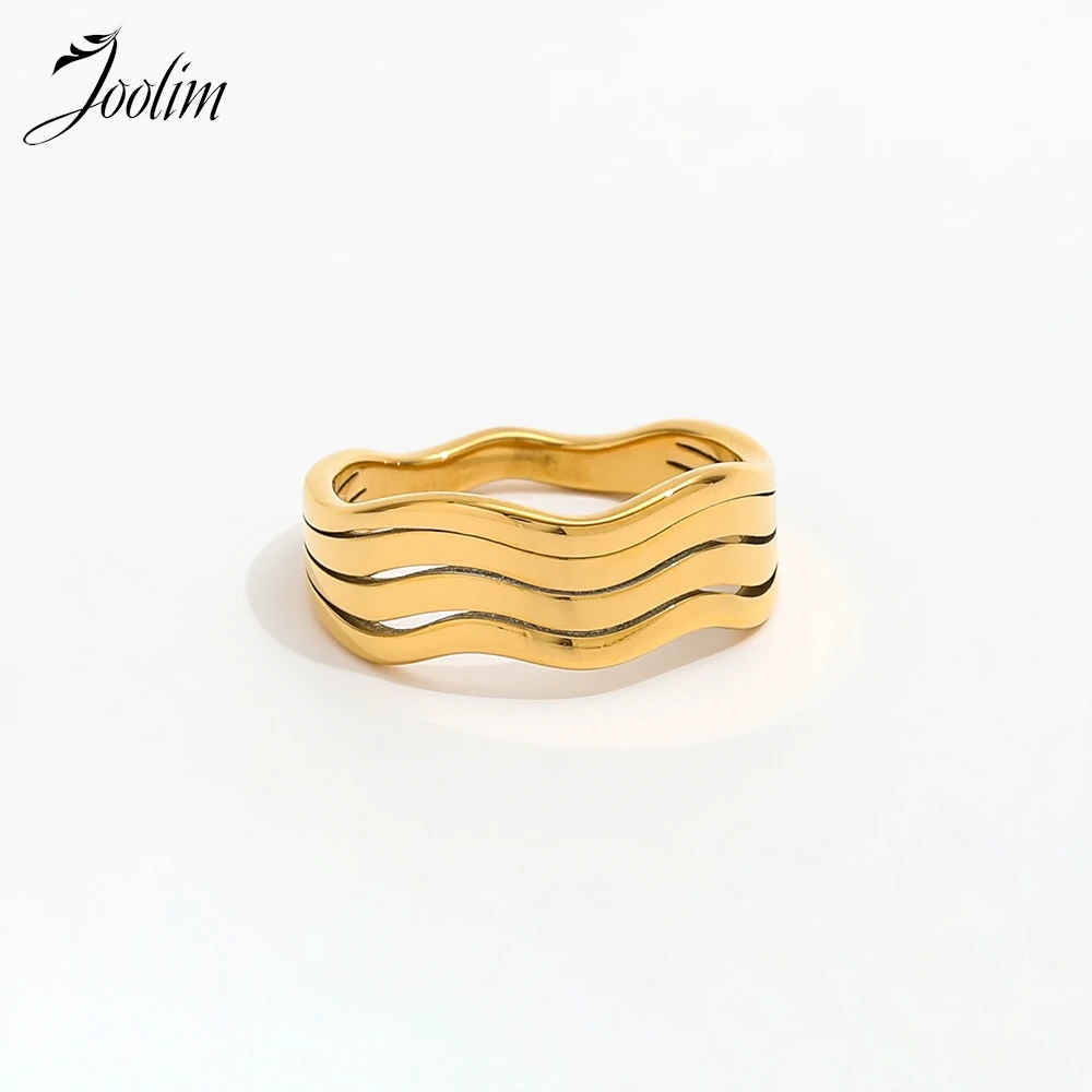 Joolim High End PVD Waterproof Fashion Versatile Wide Multi-line Curved Ring for Women Stainless Steel Jewelry Wholesale