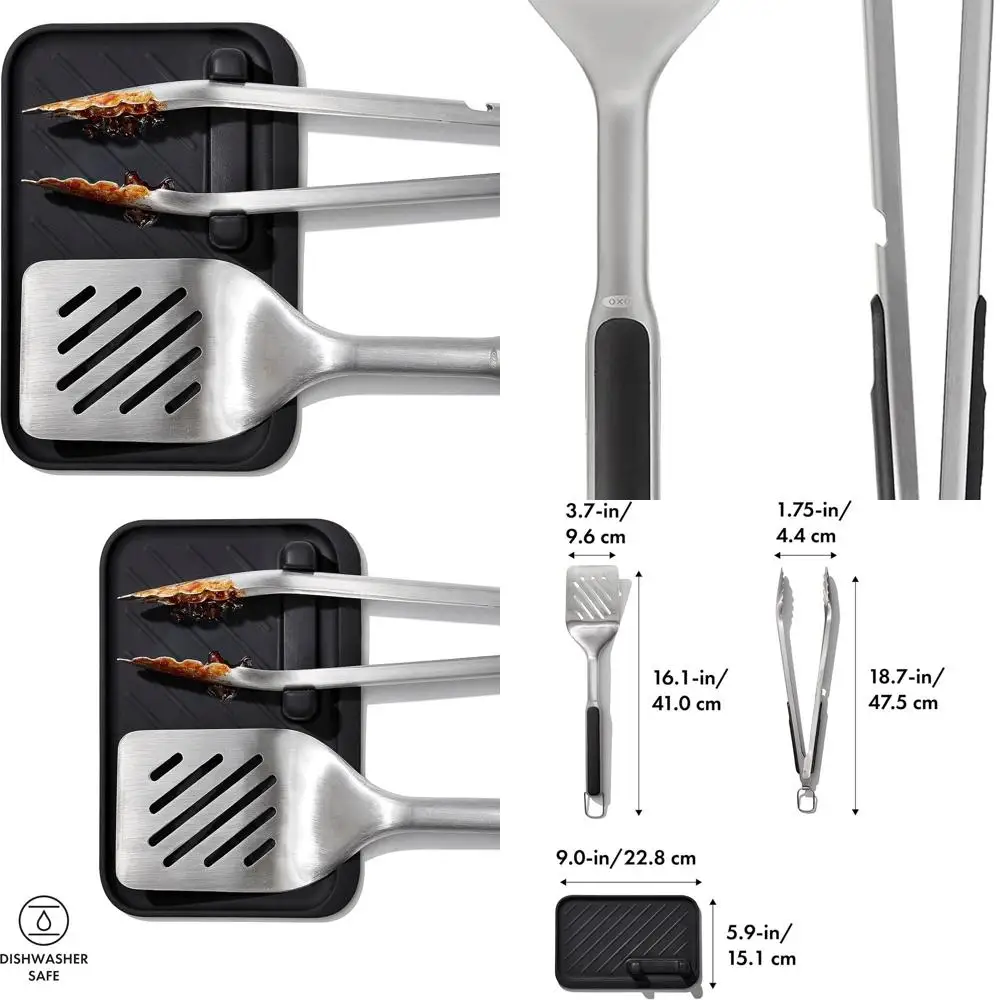 

Черный набор посуды для гриля из трех предметов с щипцами и подставкой для токарных станков