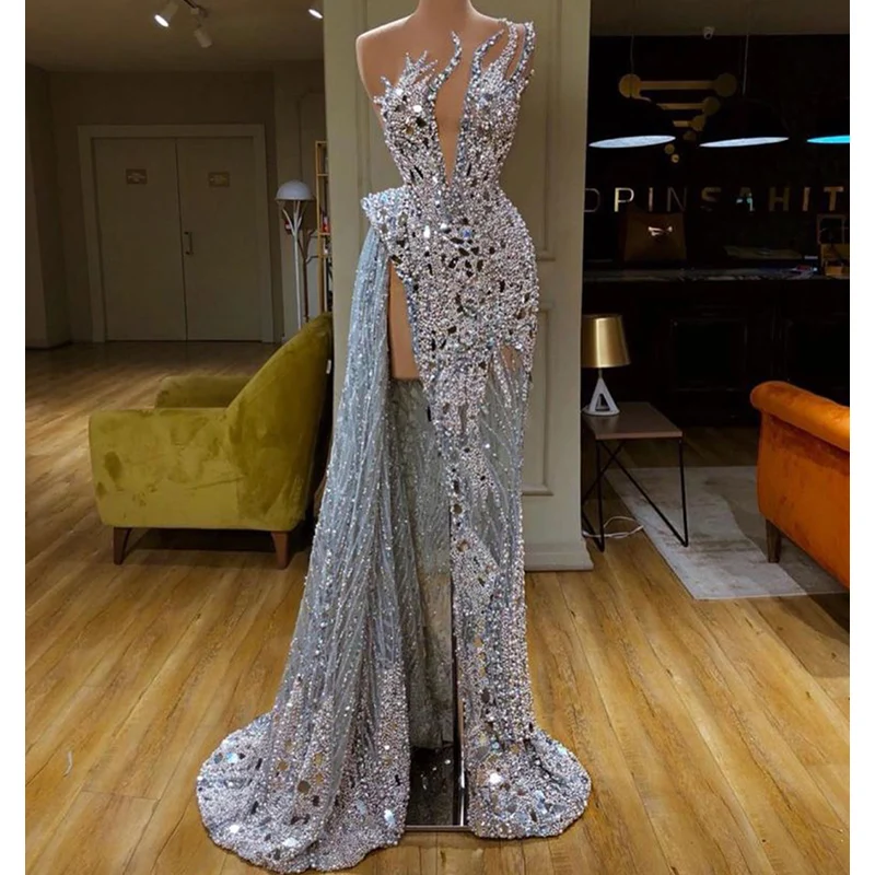 Sexy Mermaid Prom Dress Beaded Sequin High Slit Evening Dress Personalized  Banquet Party Dress Custom