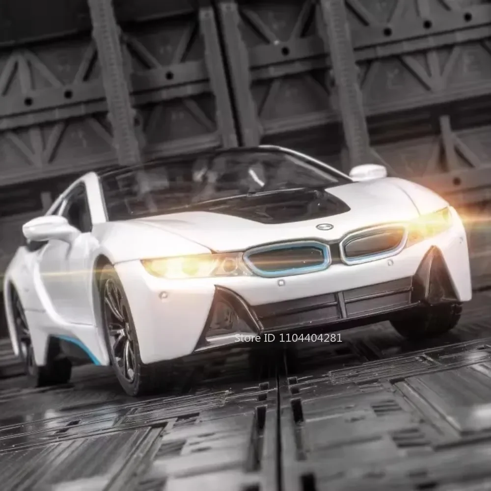 1:22 I8 MC20 نموذج سيارة خارقة مصغر دييكاست سبيكة سيارات لعب الأبواب مفتوحة ضوء الصوت التراجع نماذج حلية لهدايا الأولاد