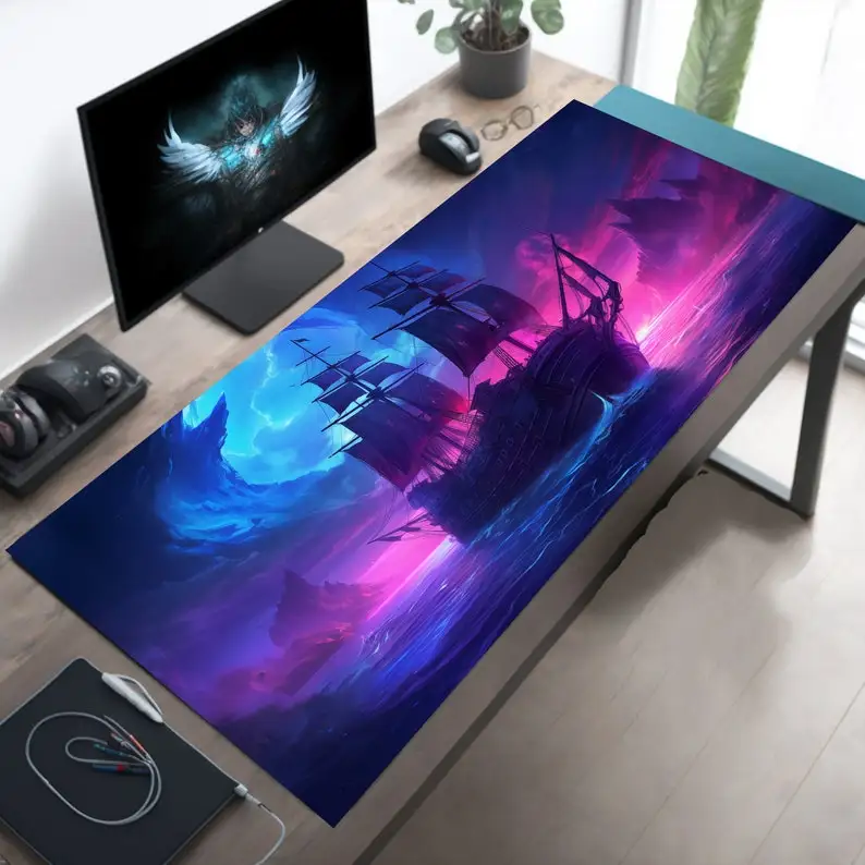 Neon Pirate Ship Playmat , Pirate Gaming Desk Mat, Pirate Gifts, Gamer Gifts, Gift for Boyfriend,Large Mousepad,XXL Keyboard Pad