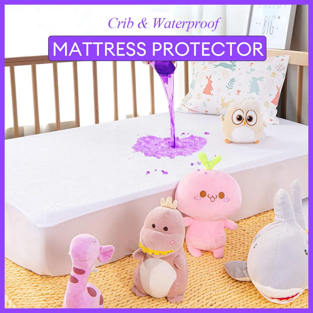 1pc Crib Mattress Protector Waterproof Cotton Terry Mattress Pad Cover Breathable Skin Friendly and Noiseless Fitted Sheet