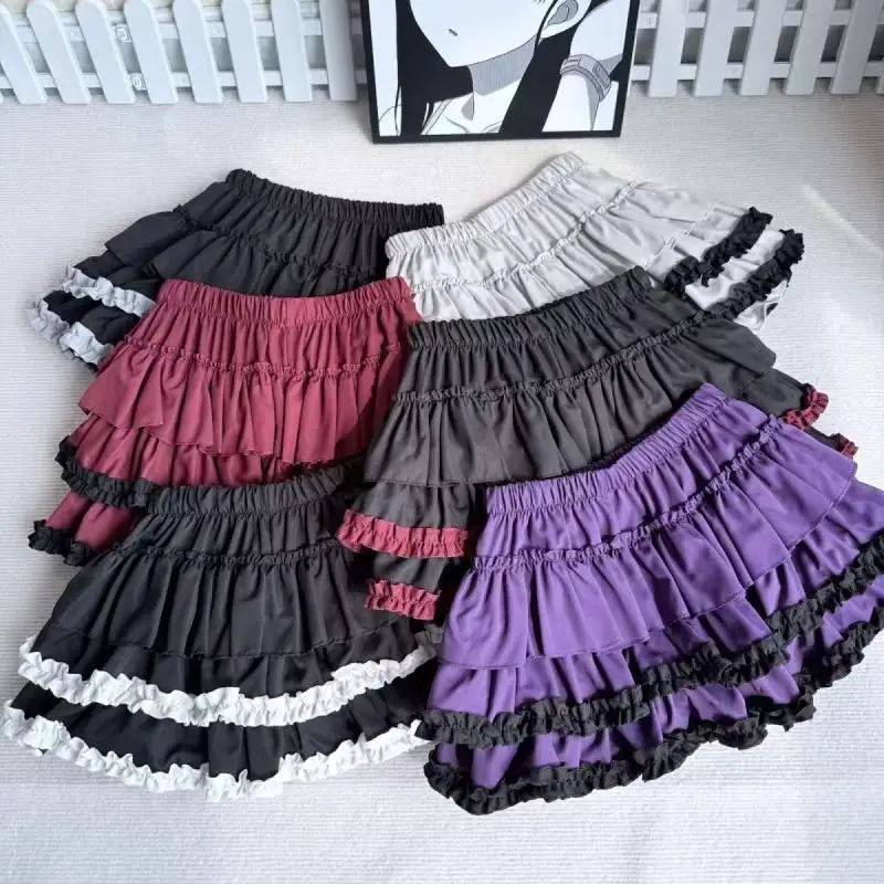 Women Layered Ruffle Cake Mini Skirt Elastic Waist Black White Contrast Trim A Line Fluffy Short Skirt With Safety Shorts